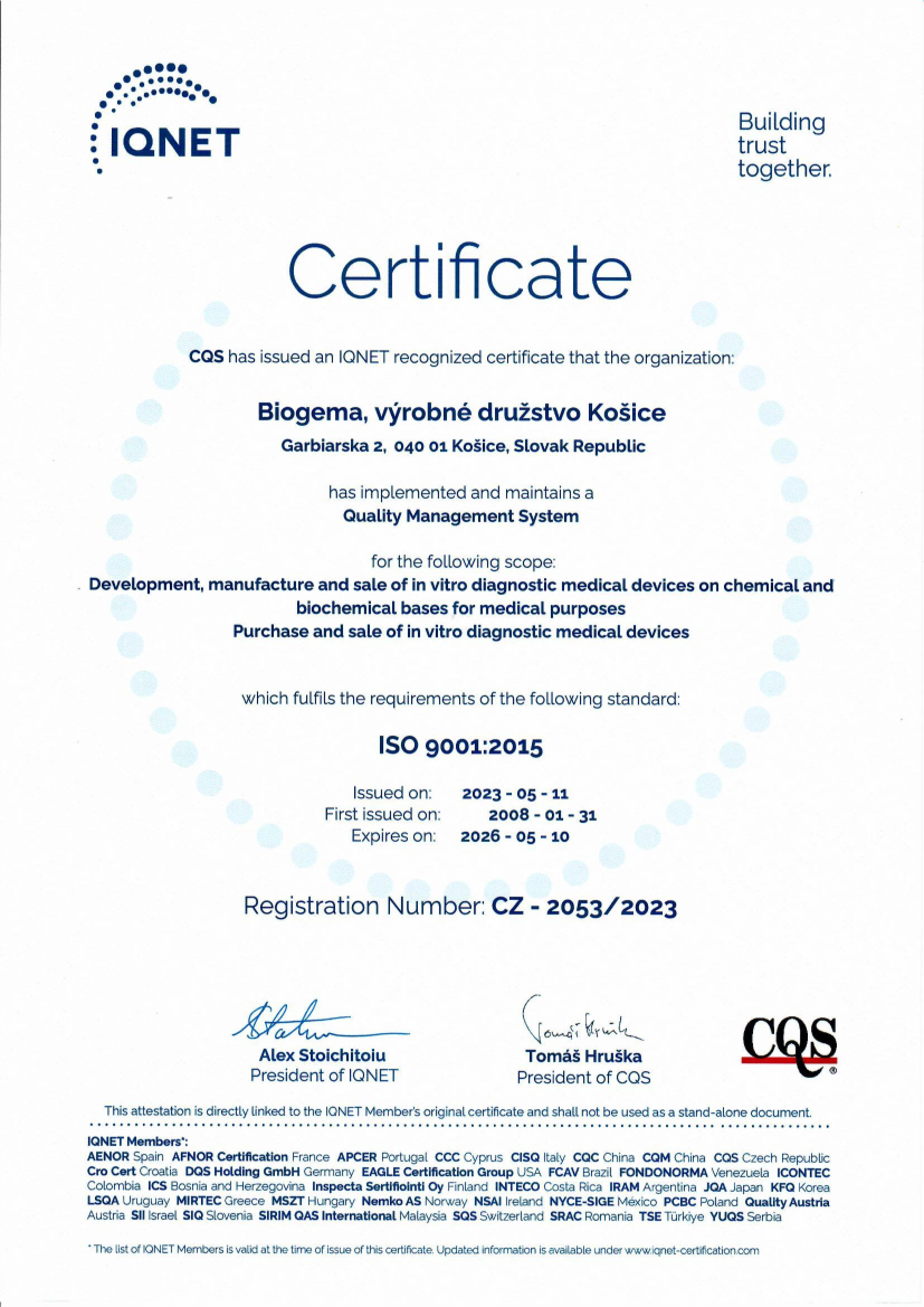 Certifikát ISO 9001 