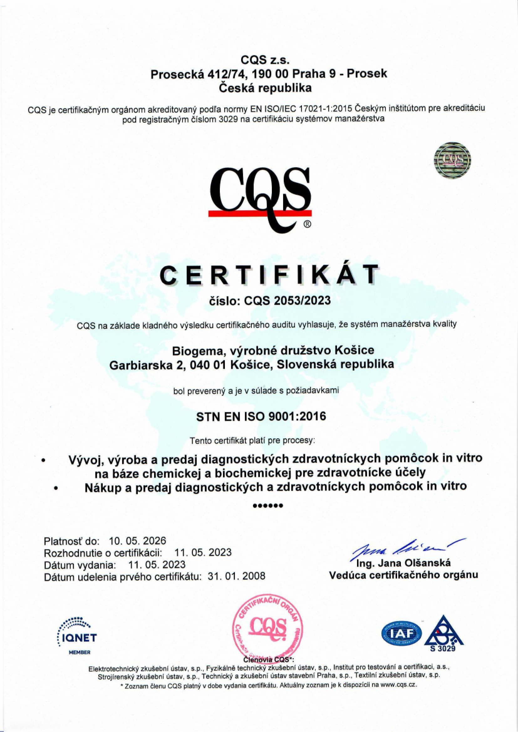 Certifikát ISO 9001 