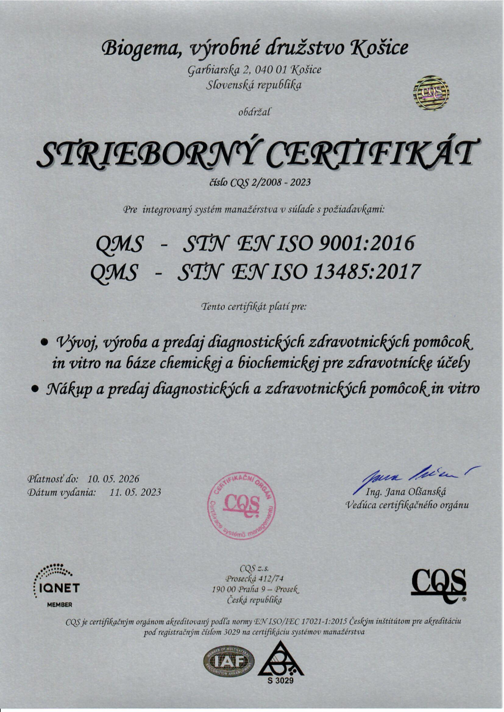 Certifikát ISO 9001 