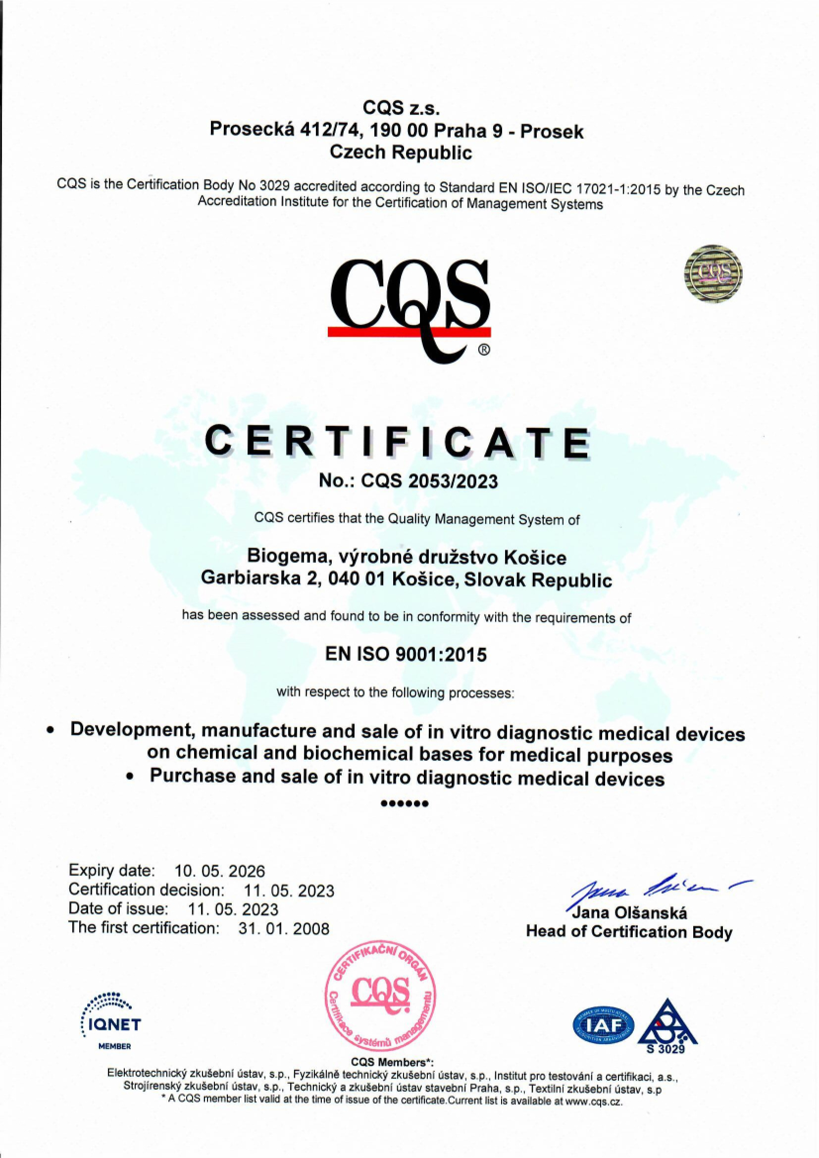 Certifikát ISO 9001 