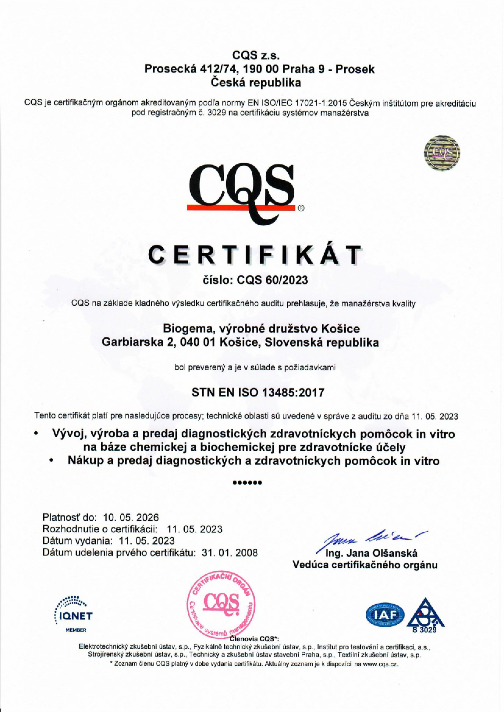 Certifikát ISO 13485