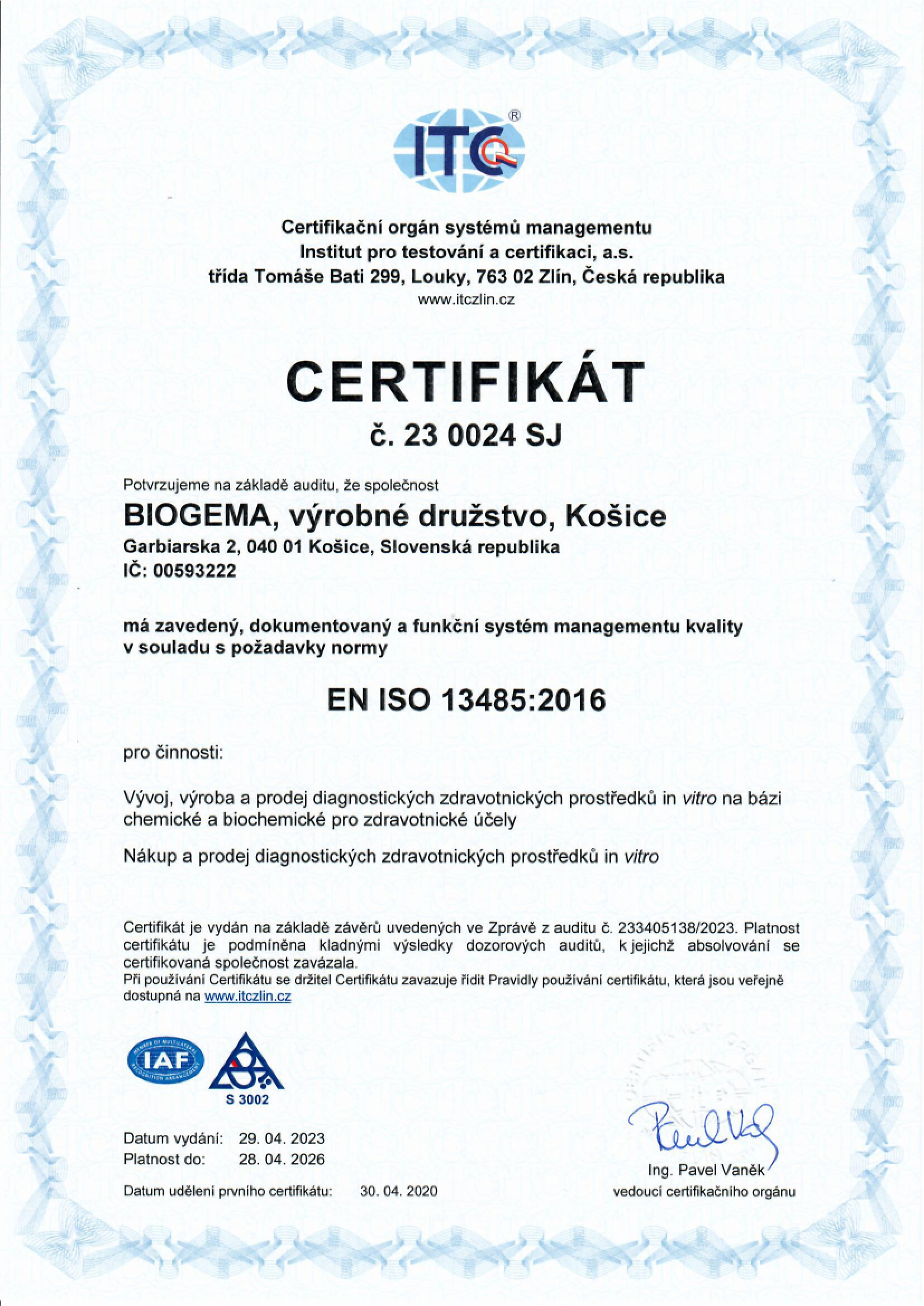 Certifikát ISO 13485