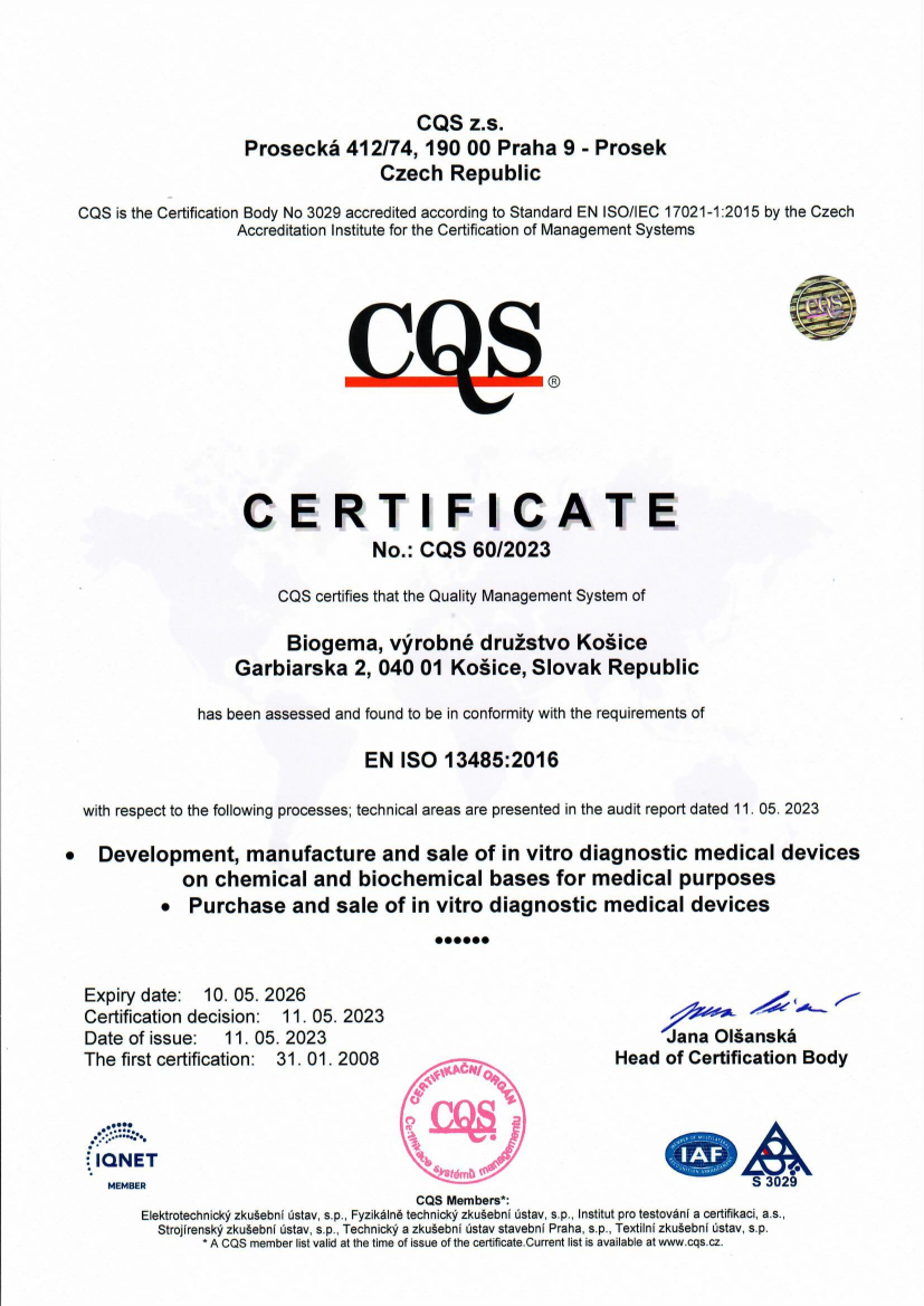 Certifikát ISO 13485